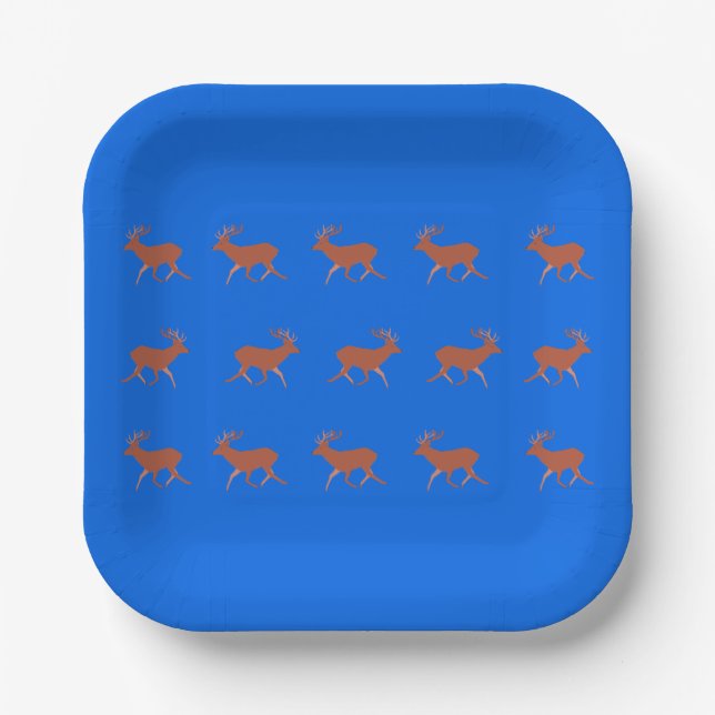 Brown Deer Walking Festive Pattern Blue   Paper Plate (Front)
