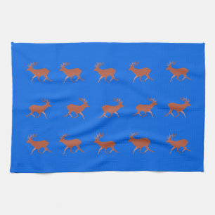Brown Deer Walking Festive Pattern Blue Tea Towel