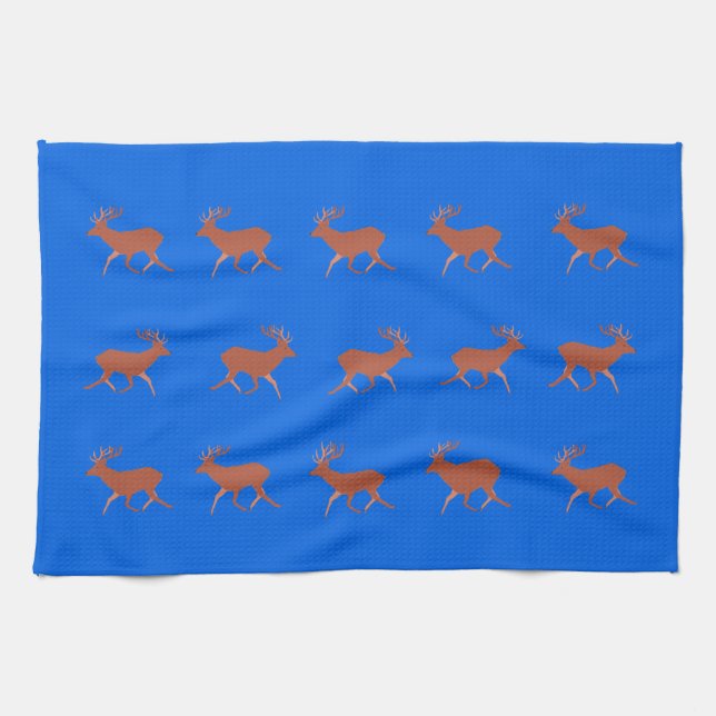 Brown Deer Walking Festive Pattern Blue Tea Towel (Horizontal)