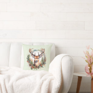 Brown Deer with Antlers Rustic Christmas Cushion