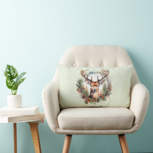 Brown Deer with Antlers Rustic Christmas Lumbar Cushion