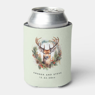 Brown Deer with Antlers Rustic Christmas Wedding Can Cooler