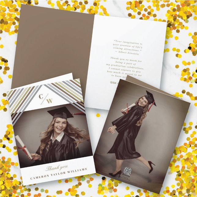 Brown Diagonal Stripes Photo Modern Graduation Thank You Card (Brown Diagonal Stripes Monogram, Photo Modern Graduation Thank You Card @ zazzle.com/color_therapy)