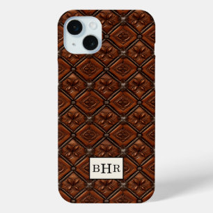 Brown Diamond Leather Monogrammed iPhone 15 Mini Case