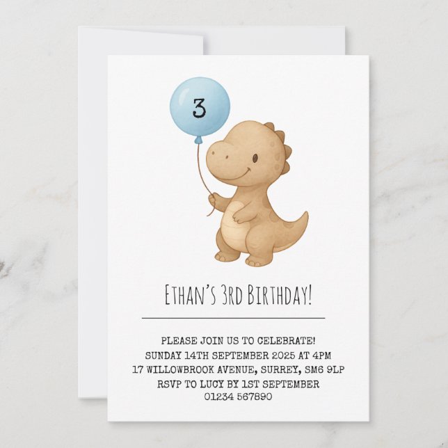 Brown Dinosaur with Blue Balloon Birthday Invitation (Front)