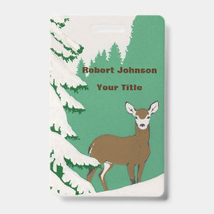 Brown Doe Deer Next to Pine Tree in Snow ID Badge
