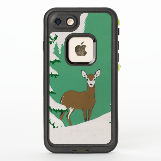 Brown Doe Deer White Face Tree Snow Mint Green LifeProof iPhone Case (Back)