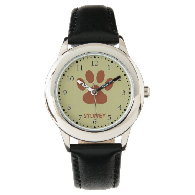 Brown dog paw custom name watch (Front)