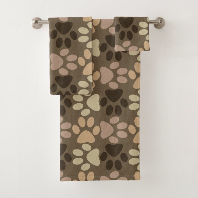 Brown Dog Paw Print Design Bath Towel Set (Insitu)
