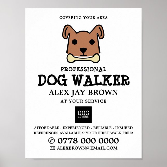 Brown Dog with Bone, Dog Walker Advertising Poster (Front)
