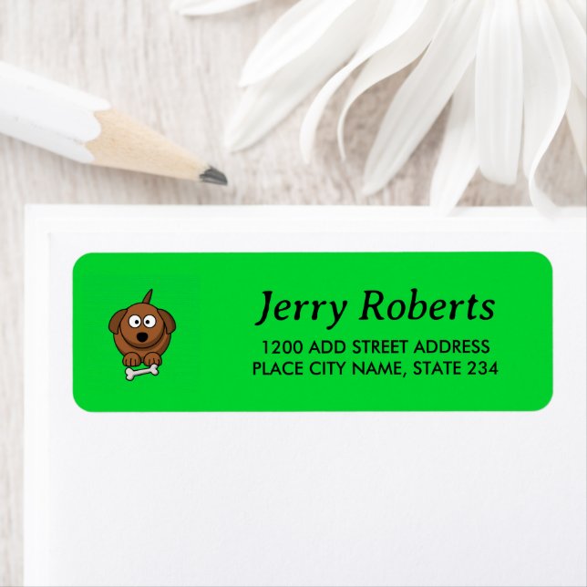 Brown dog with bone on green return address label (Insitu)