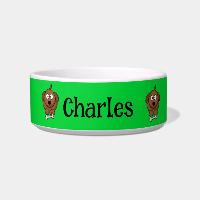 Brown dog with bone personalised on green bowl (Front)