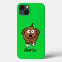 Brown dog with bone personalised on green