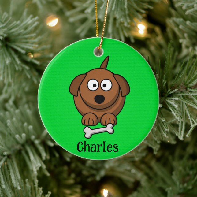 Brown dog with bone personalised on green ceramic ornament (Tree)