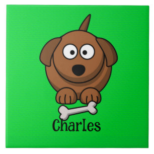 Brown dog with bone personalised on green ceramic tile