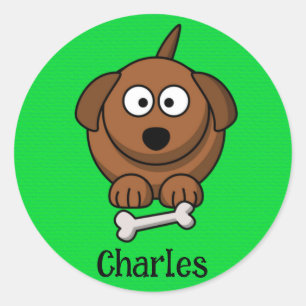 Brown dog with bone personalised on green classic round sticker