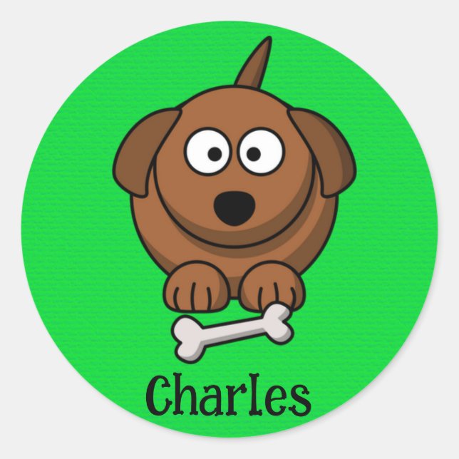Brown dog with bone personalised on green classic round sticker (Front)