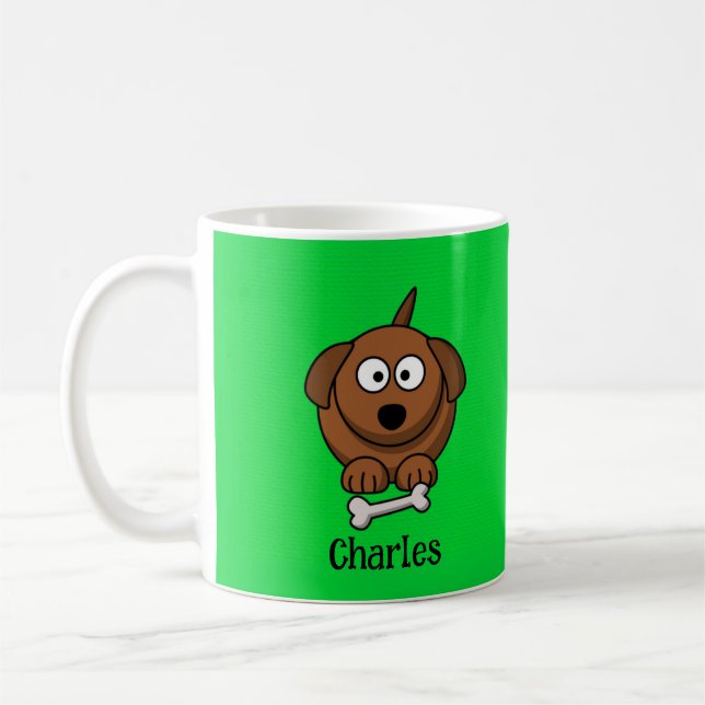Brown dog with bone personalised on green coffee mug (Left)