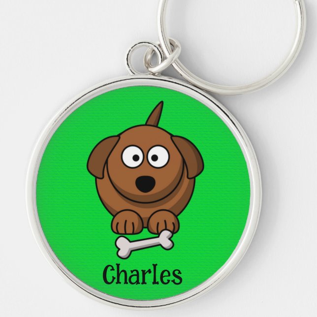Brown dog with bone personalised on green key ring (Front)