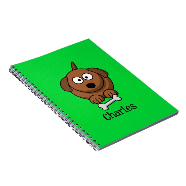 Brown dog with bone personalised on green notebook (Right Side)