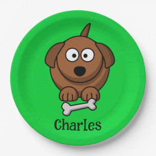 Brown dog with bone personalised on green paper plate