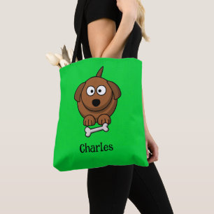 Brown dog with bone personalised on green tote bag