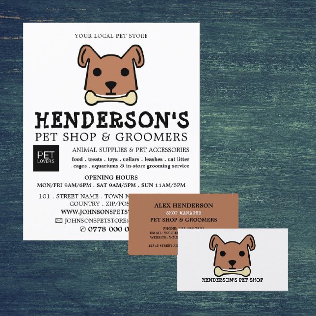 Brown Dog with Bone, Pet Store & Groomers Business Card (Creator Uploaded)