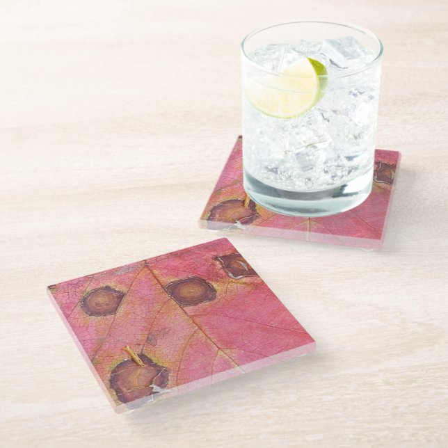 Brown Dotted Red Fall Leaf  Glass Coaster (Angled)