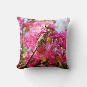 Brown dragonfly on pink flowers cushion