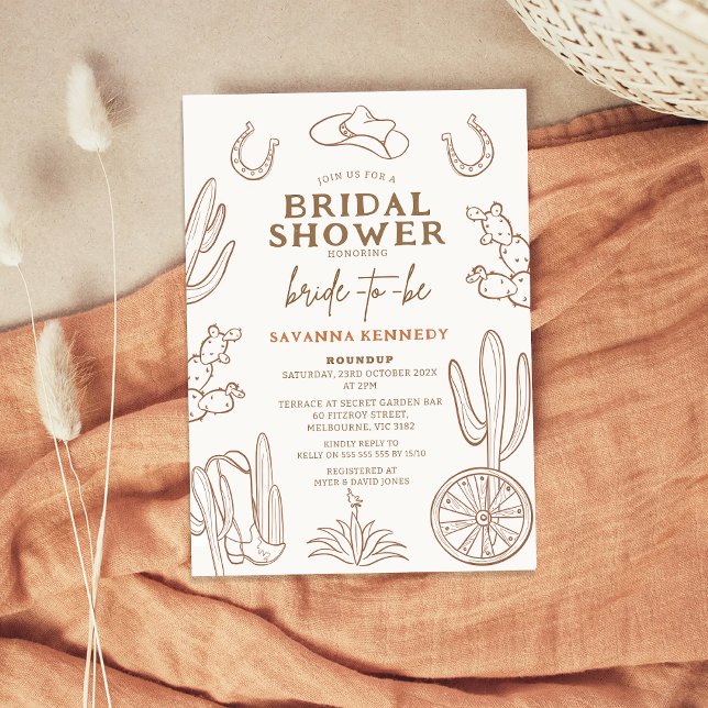 Brown Drawn Western Cowgirl Bridal Shower  Invitation (Modern Western Themed Bridal Shower Invitation, Cowgirl Bridal Shower Invitation, Wild West Bridal )