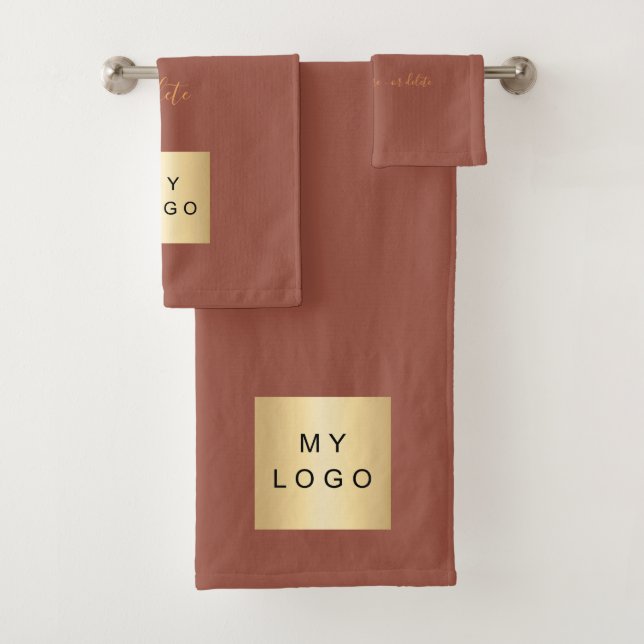 Brown earth gold text company business logo bath towel set (Insitu)