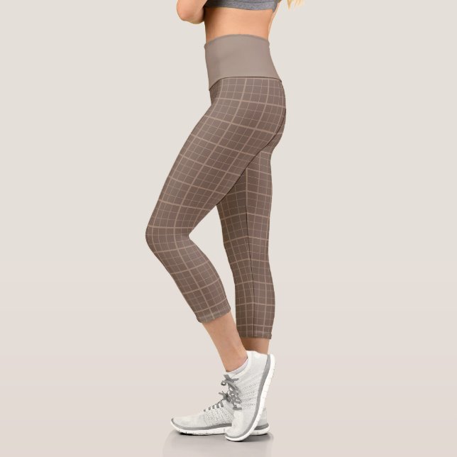 Brown Earth Tone Windowpane Check  Capri Leggings (Left)
