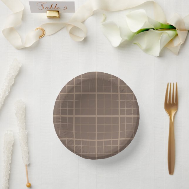 Brown Earth Tone Windowpane Check  Paper Plate (Wedding)