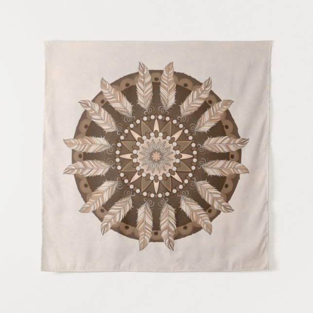 Brown Earth Tones Feather Mandala Tapestry (Front)