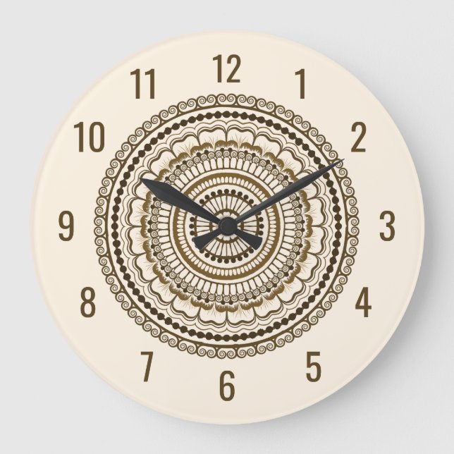 Brown Earth Tones Henna Mandala Large Clock (Front)