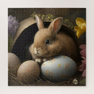 Brown Easter Bunny among Eggs and Spring Flowers Jigsaw Puzzle