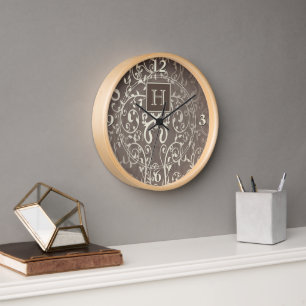 Brown Elegant Flourish Monogram Clock