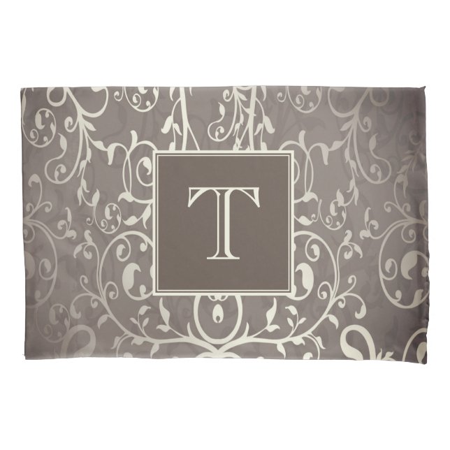 Brown Elegant Flourish Monogram Pillowcase (Front)