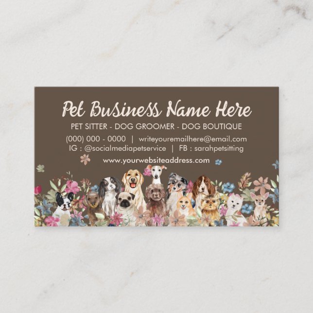 Brown Elegant Flowers Dog Groomer Business Card (Front)