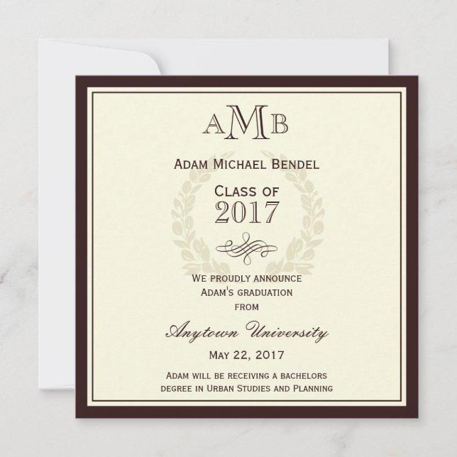 Brown Elegant Monogram Graduation Announcement (Front)