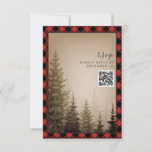 Brown Evergreen Tree Rustic Plaid Wedding QR Code RSVP Card
