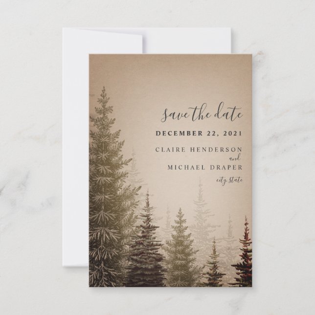Brown Evergreen Trees Wedding Save The Date (Front)
