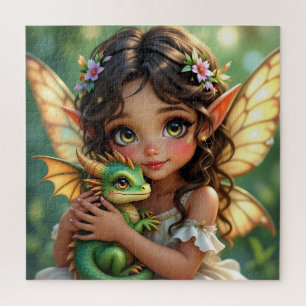Brown Eyed Elven Fairy and Dragon  Jigsaw Puzzle