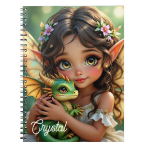 Brown Eyed Elven Fairy and Dragon Personalized Notebook
