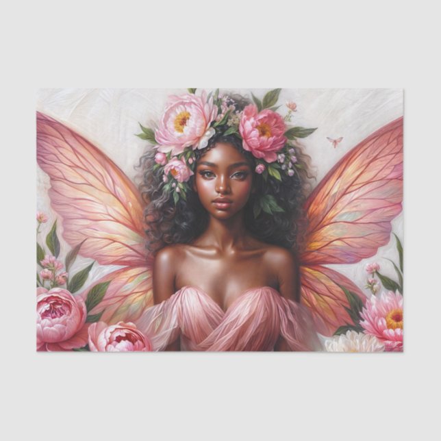 Brown Fairy With Pink Wings and Peonies Tissue Paper (Front)