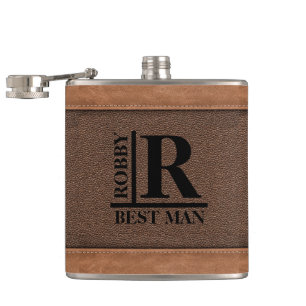 Brown Fake Leather Stiches Monogram Custom Name Hip Flask