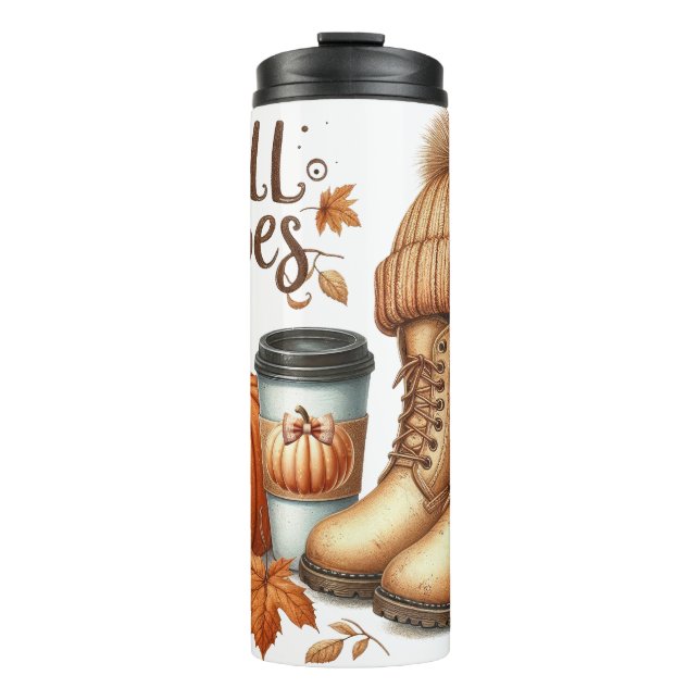 BROWN FALL AUTUMN BOOTS HAT COFFEE & PUMPKINS THERMAL TUMBLER (Front)
