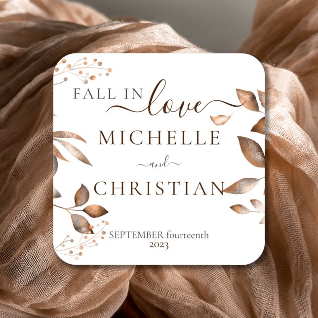 Brown Fall In Love Autumn Foliage Wedding Square Sticker (Creator Uploaded)