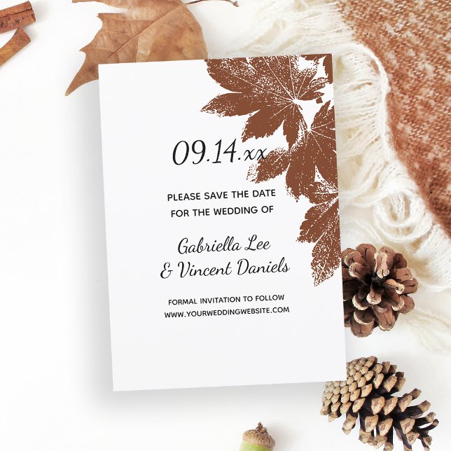 Brown Fall Leaf Stamp Wedding Save the Date (Fall in Love with this natural woodland wedding save the date announcement.)