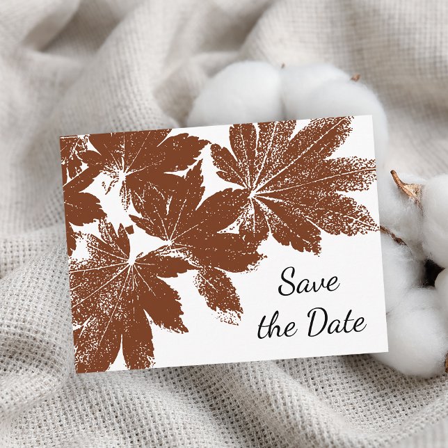 Brown Fall Leaf Stamp Wedding Save the Date Announcement Postcard (Fall in Love with this woodsy Autumn leaves save the date postcard.)